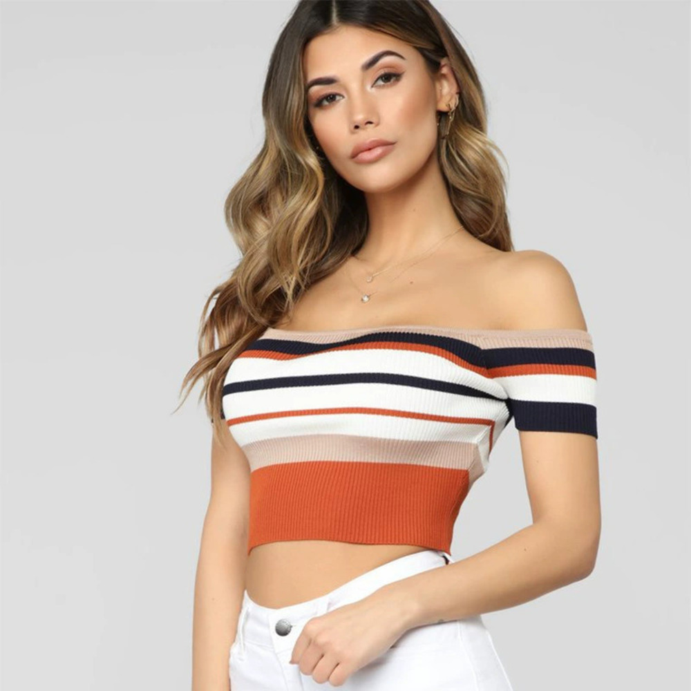 ZARA Womens Spring Summer Striped Lace Trim Off Shoulder Backless Cropped Tee